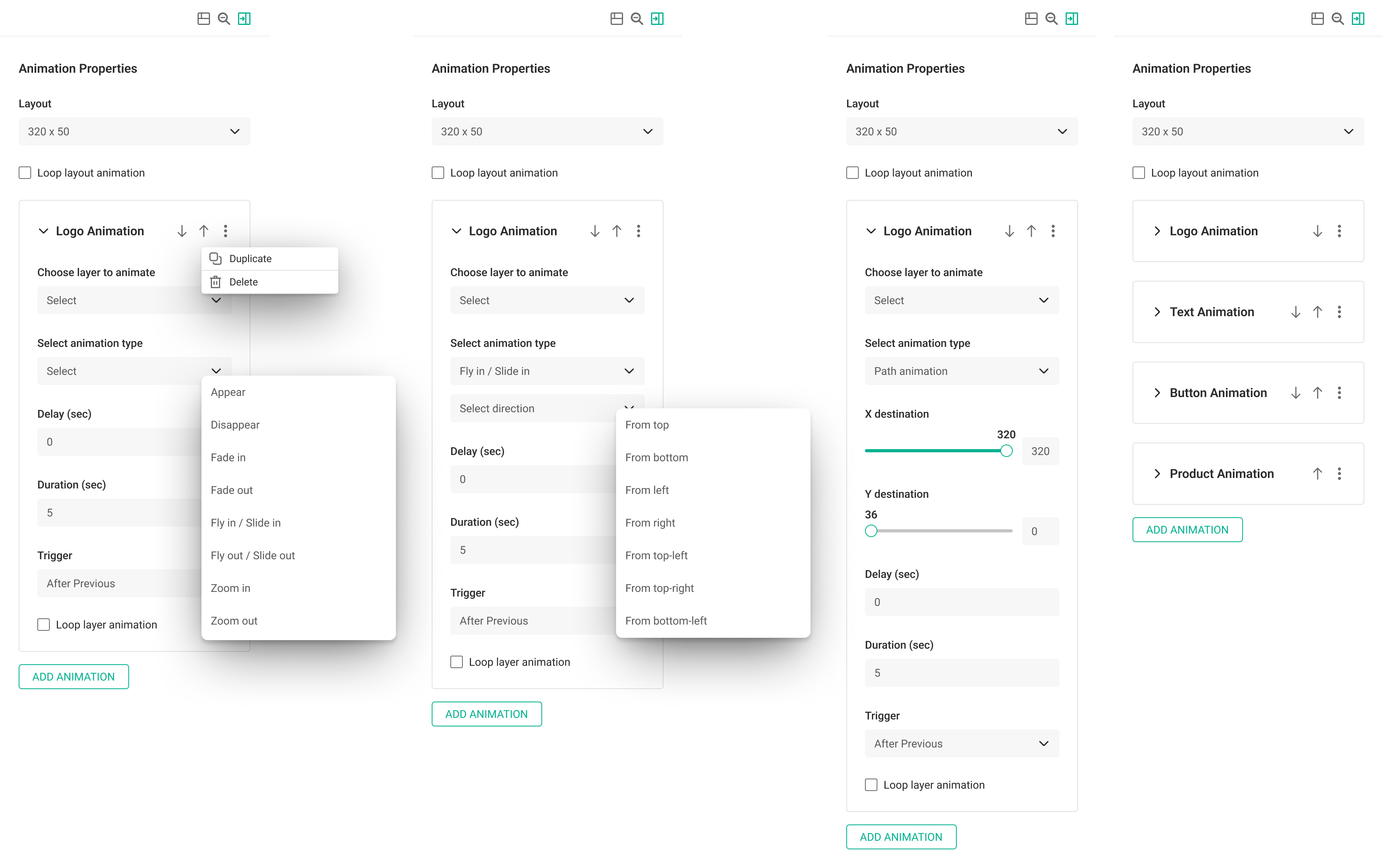 Sidebar versions: animation types, Fly in settings, Path settings, animation order