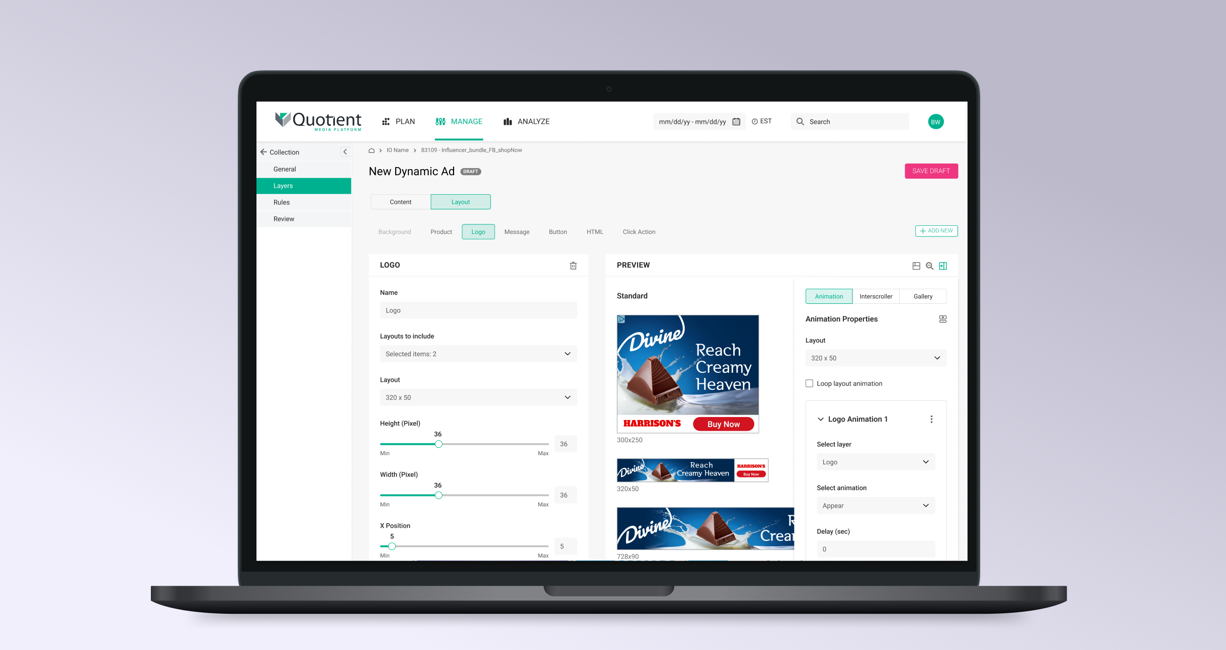 Creative Builder with the animation sidebar