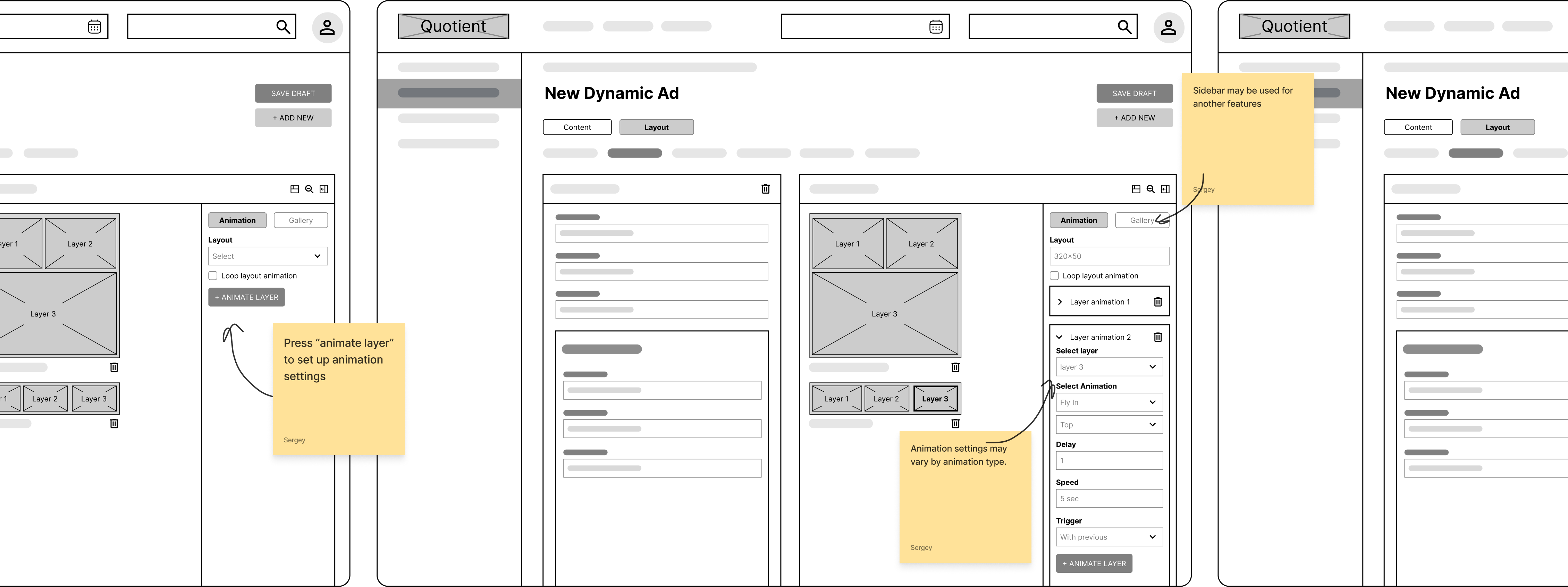 Wireframes of the animation sidebar