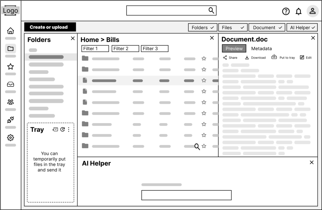 Low-fidelity wireframe with panels and AI helper