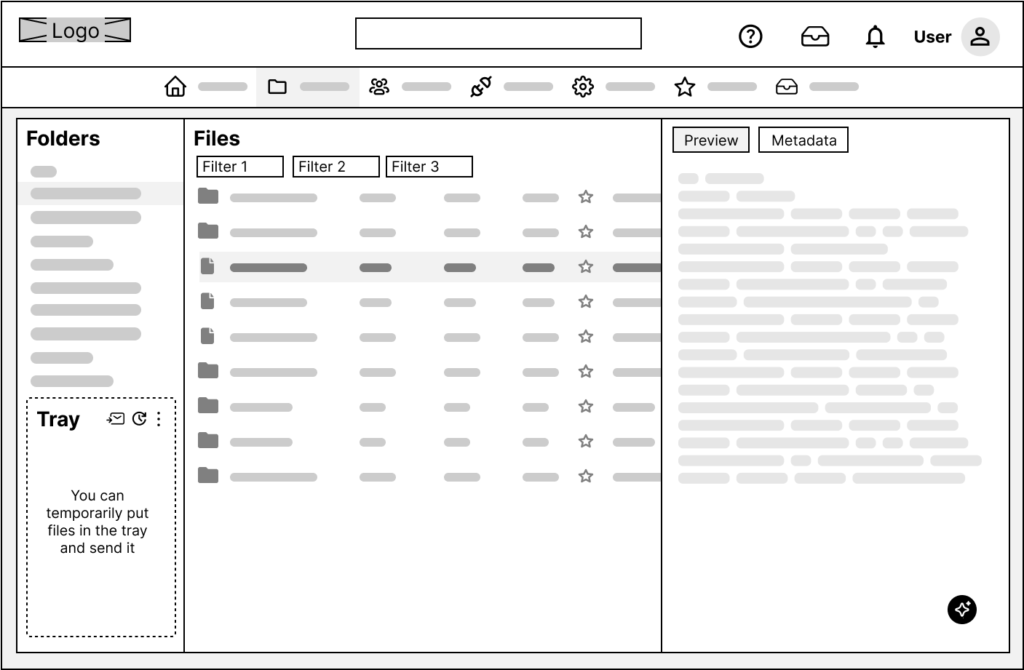Low-fidelity wireframe with top navigation