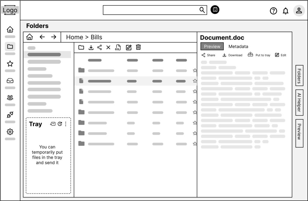 Low-fidelity wireframe with toolbar and collapsible panels