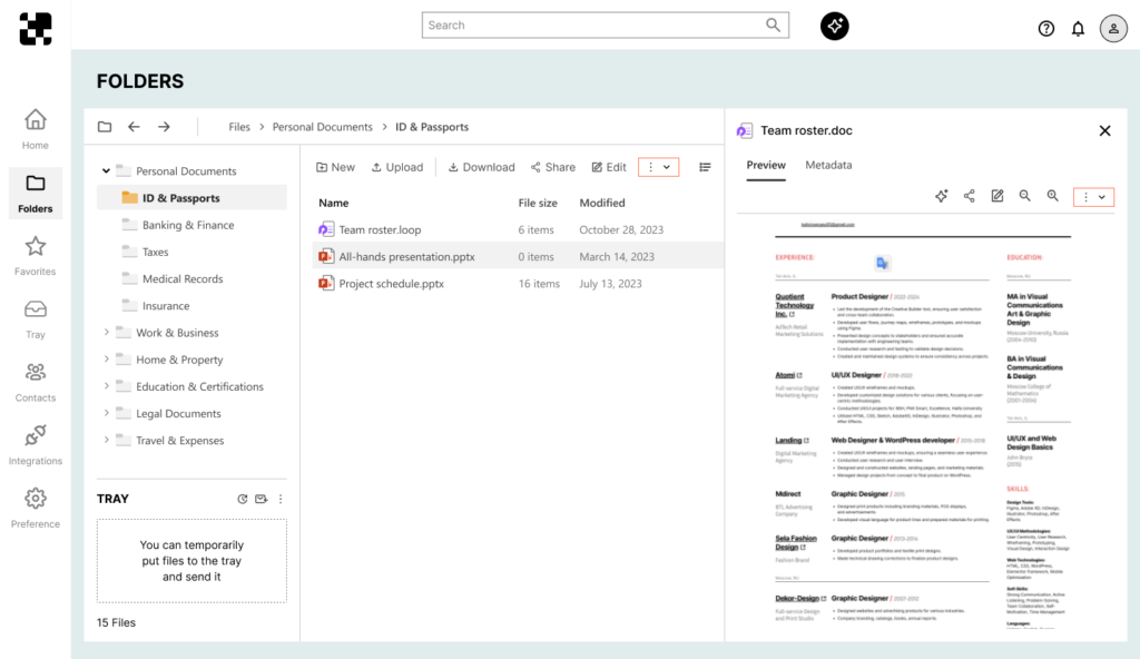 Mid-fidelity folders screen with preview panel