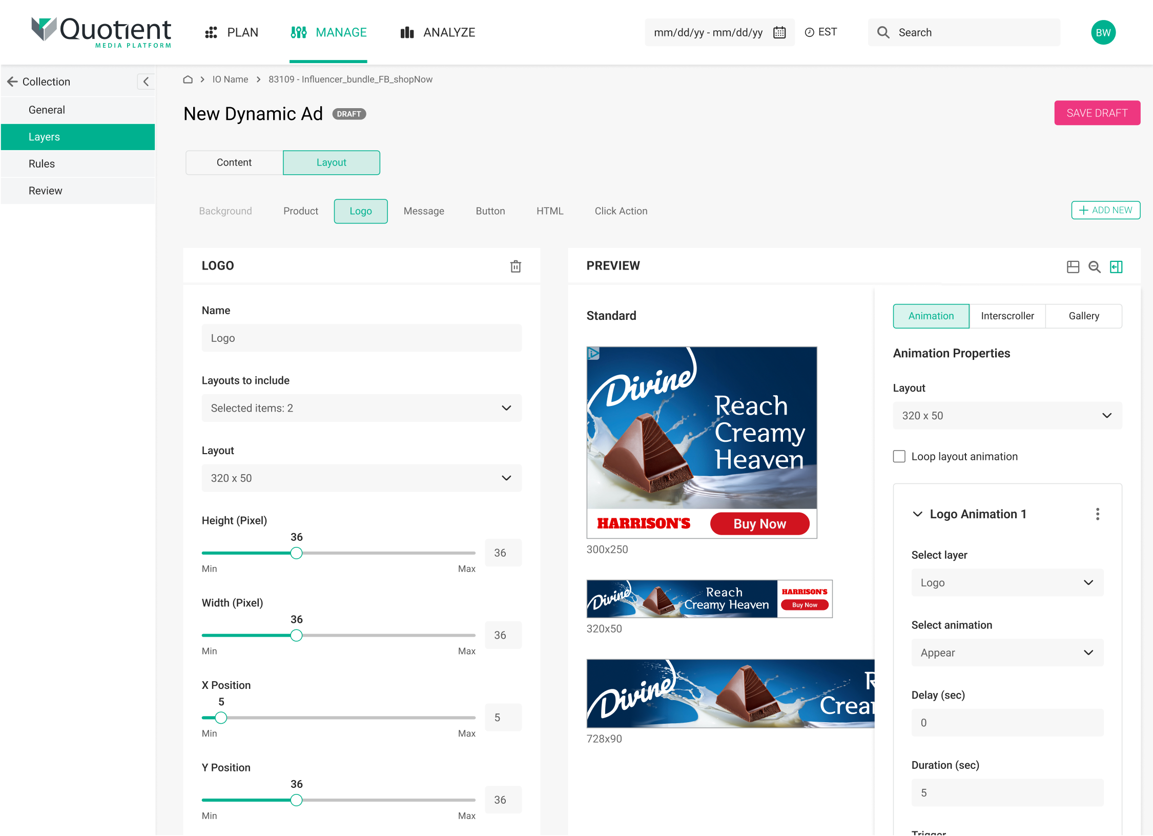 Creative Builder: layer settings, preview and animation sidebar