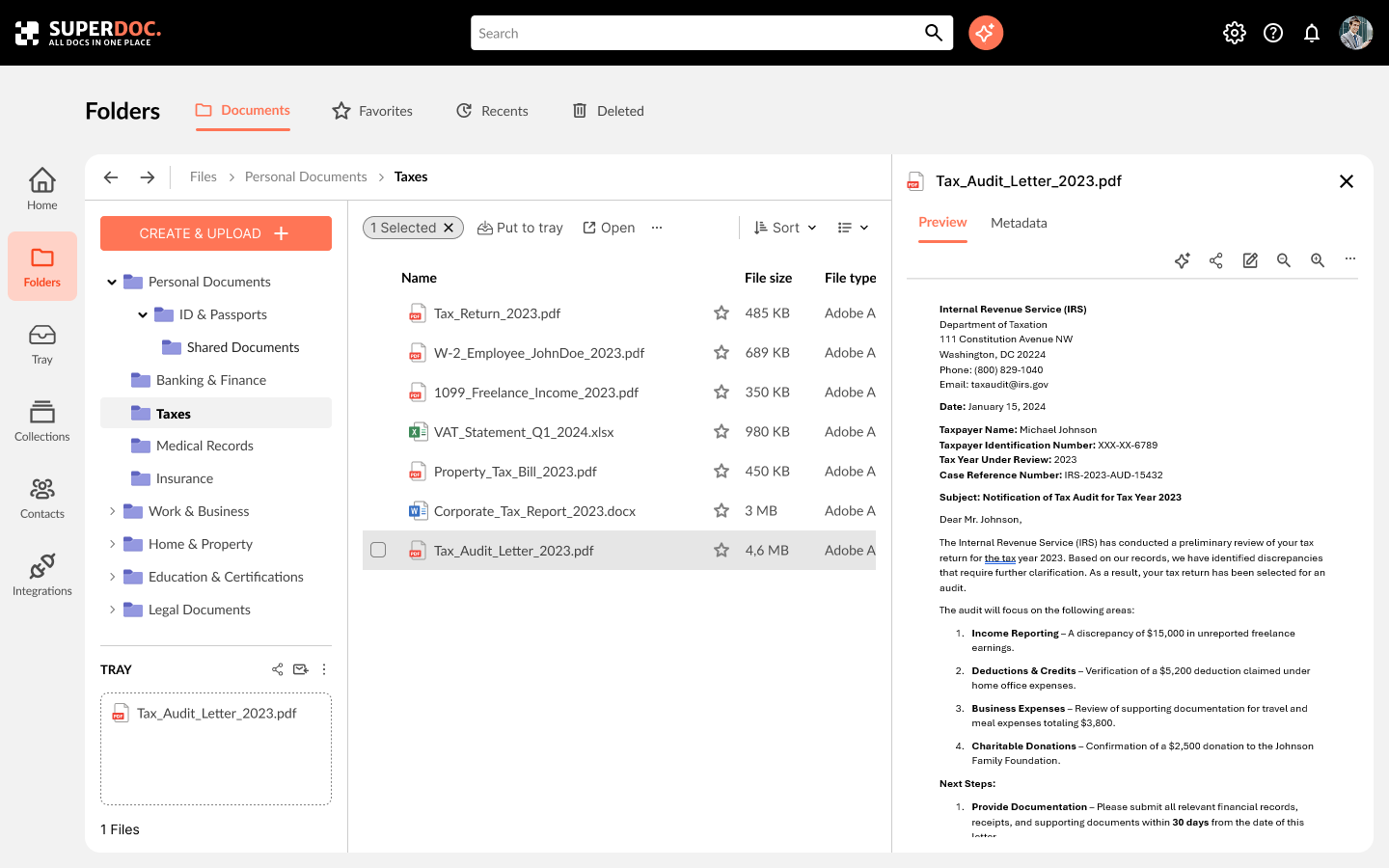 Document preview with a file added to the tray