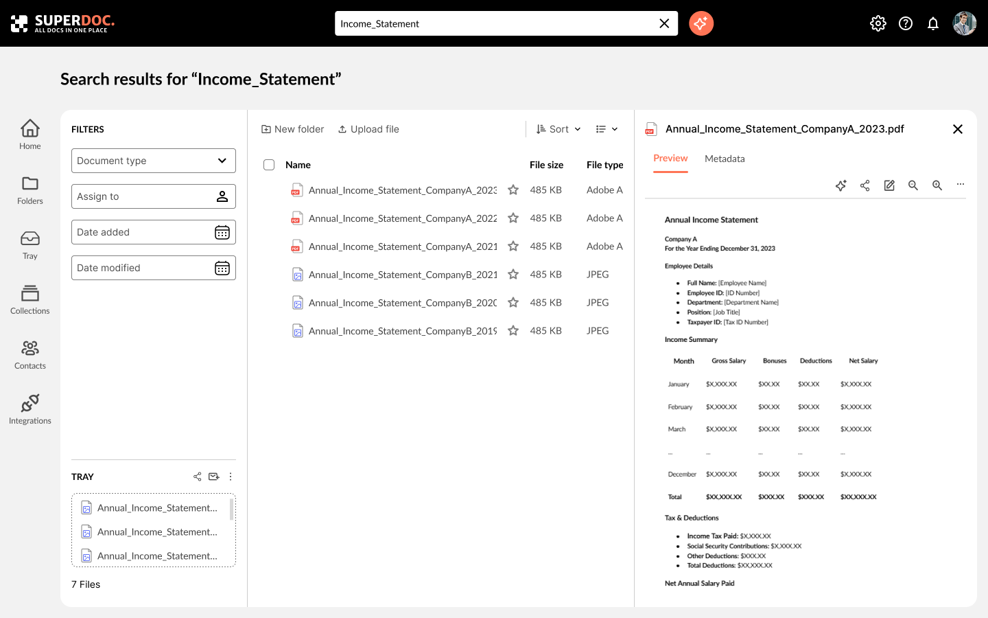 Search results with filters and preview