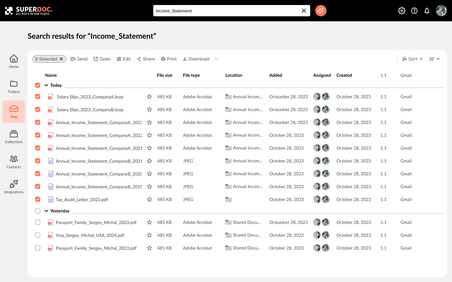 Bulk selection in search results with tray actions